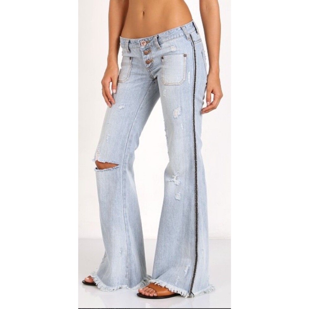 One Teaspoon Le Cats Florence Jeans Womens 27 Distressed Low Rise  Flare Leg